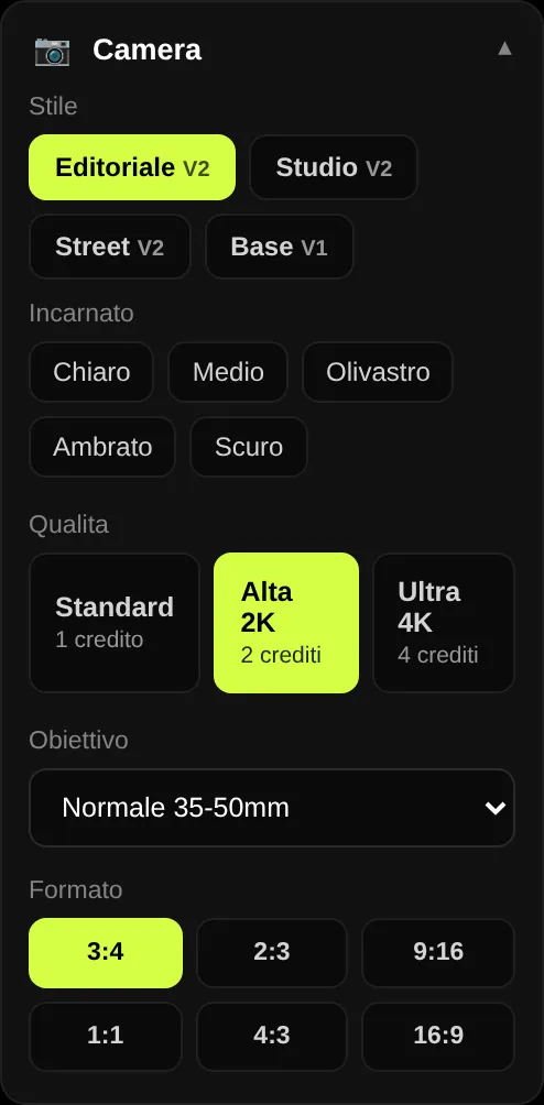 Pannello Camera: stile, incarnato, qualità, obiettivo e formato