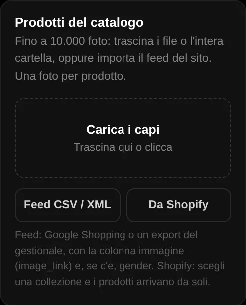 Da cartella, feed o Shopify
