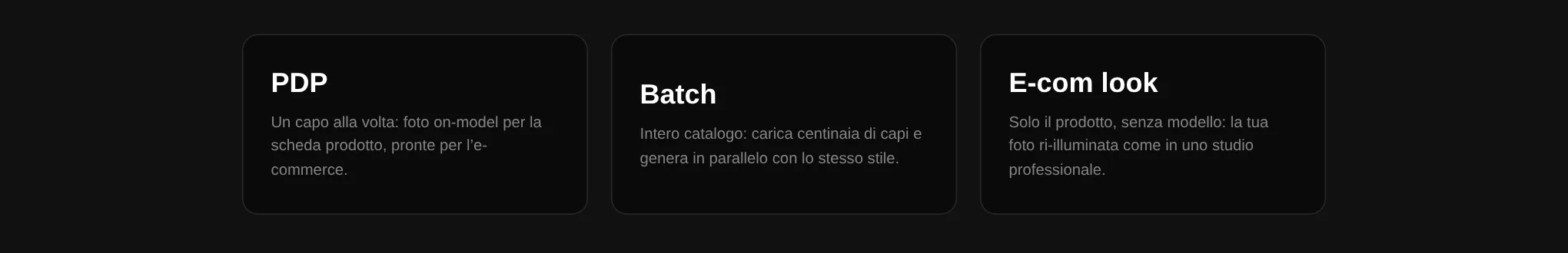 Il primo passo del flusso Crea: PDP, Batch o E-com look