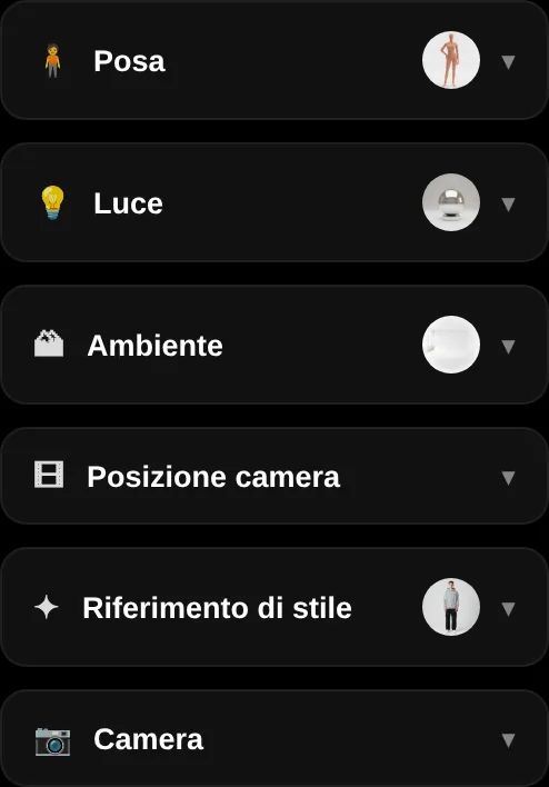 Le sezioni del brief: posa, luce, ambiente, posizione camera, riferimento di stile, camera